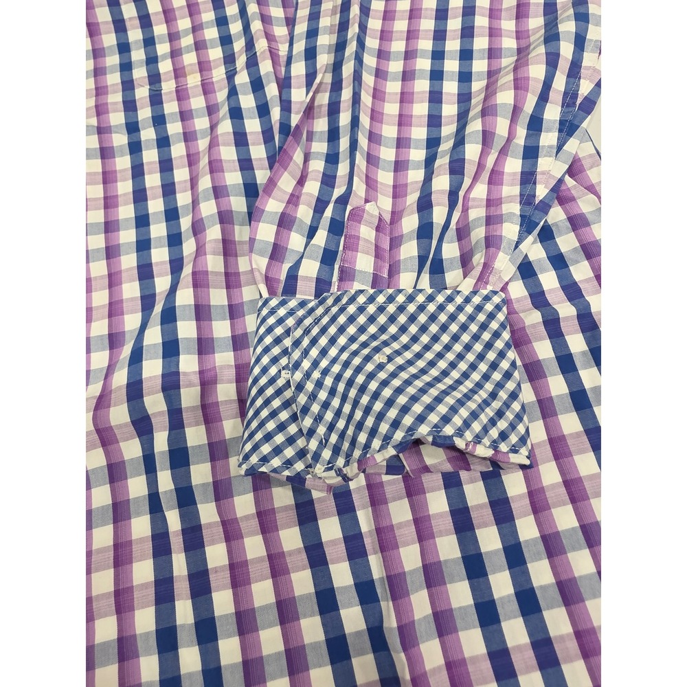 Johnston & Murphy Tailored Fit XL Purple Blue Plaid Long Sleeve Shirt Flip Cuff - Picture 2 of 9